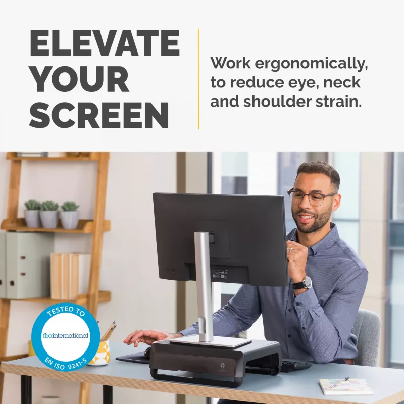 Suporte para monitor de computador Fellowes com 3 níveis de altura - elevação para monitor Breyta com gestão de cabos - suporte para monitor ergonómico ajustável para computador - Peso máx. 15 kg - Preto