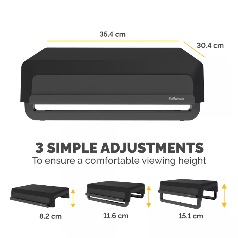 Suporte para monitor de computador Fellowes com 3 níveis de altura - elevação para monitor Breyta com gestão de cabos - suporte para monitor ergonómico ajustável para computador - Peso máx. 15 kg - Preto