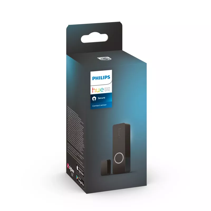 Sensor de contacto Philips Secure, sem fios, ZigBee, preto, porta/janela, fita adesiva/parafuso, III