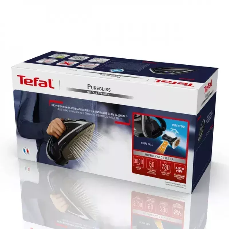 Ferro de engomar Tefal Puregliss FV8062E0 Ferro a seco e a vapor sola Durilium AirGlide Autoclean 3000 W preto, cinzento