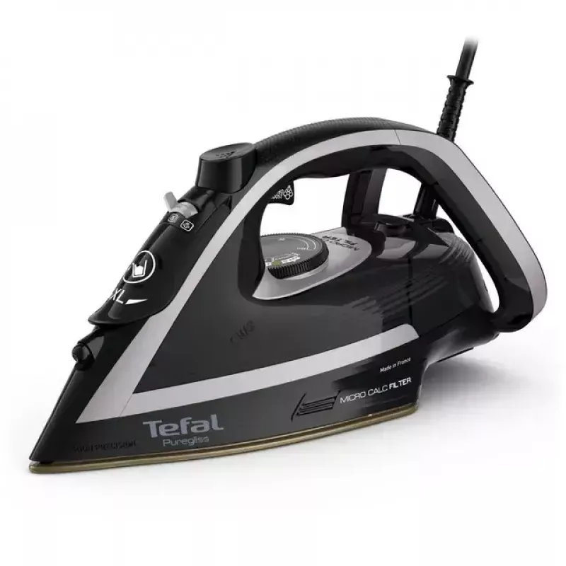 Ferro de engomar Tefal Puregliss FV8062E0 Ferro a seco e a vapor sola Durilium AirGlide Autoclean 3000 W preto, cinzento
