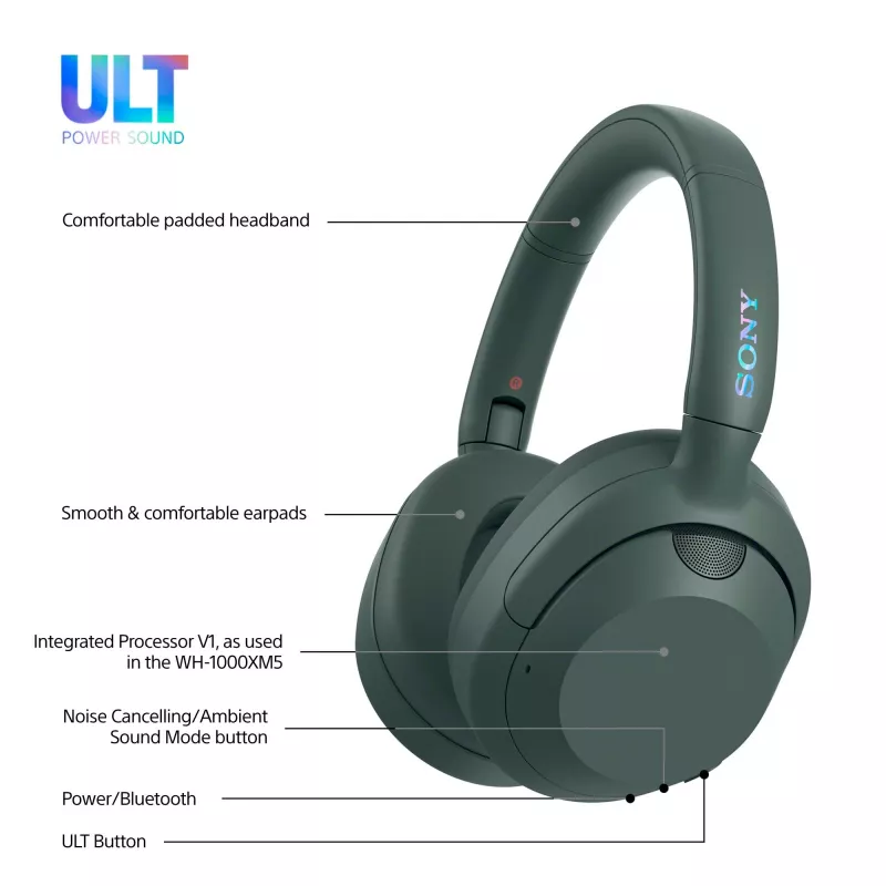 Sony ULT WEAR - Auscultadores Bluetooth sem fios com ULT POWER SOUND, graves profundos extremos, cancelamento de ruído, qualidade de chamada nítida, até 30 horas de autonomia, iOS e Android