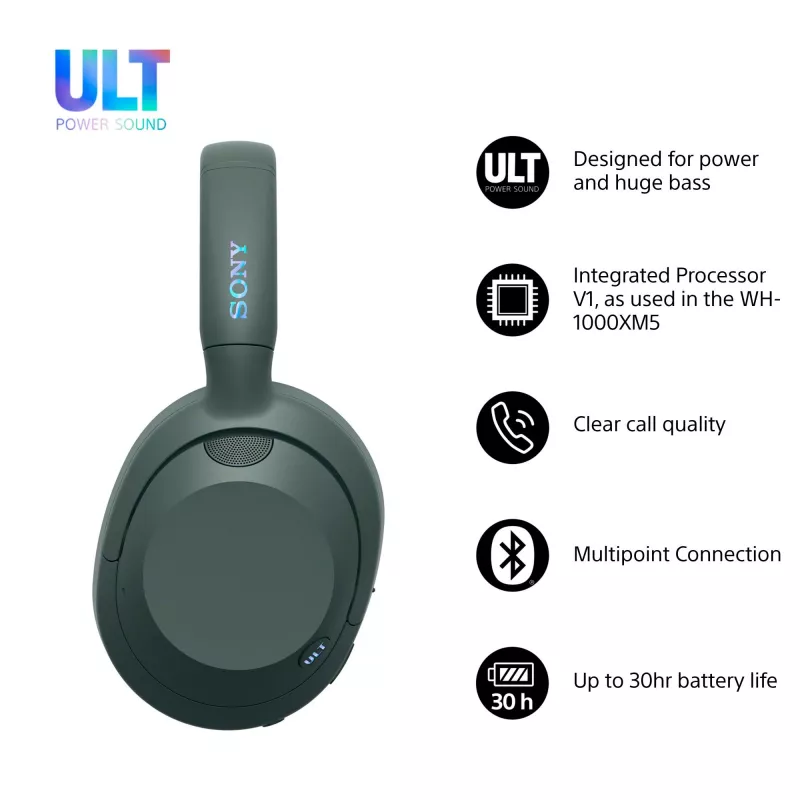 Sony ULT WEAR - Auscultadores Bluetooth sem fios com ULT POWER SOUND, graves profundos extremos, cancelamento de ruído, qualidade de chamada nítida, até 30 horas de autonomia, iOS e Android