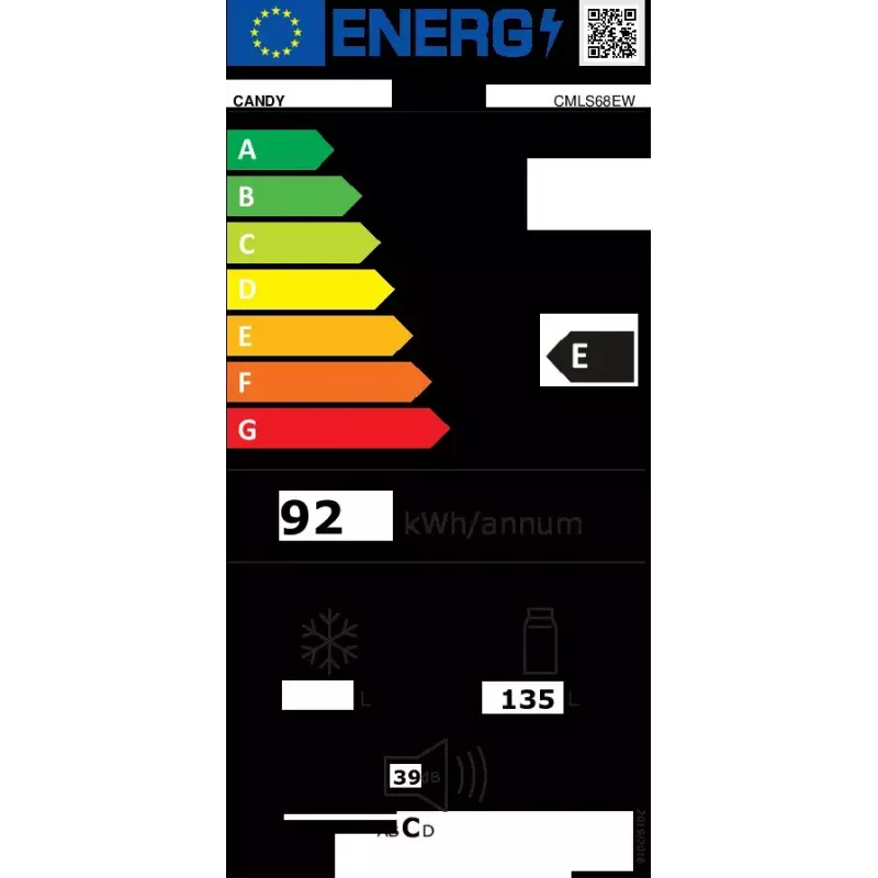 Frigorífico encastrável CANDY CMLS68EW — 135 L líquidos, refrigeração estática, termostato rotativo, porta com abertura à direita, 39 dB, classe energética E