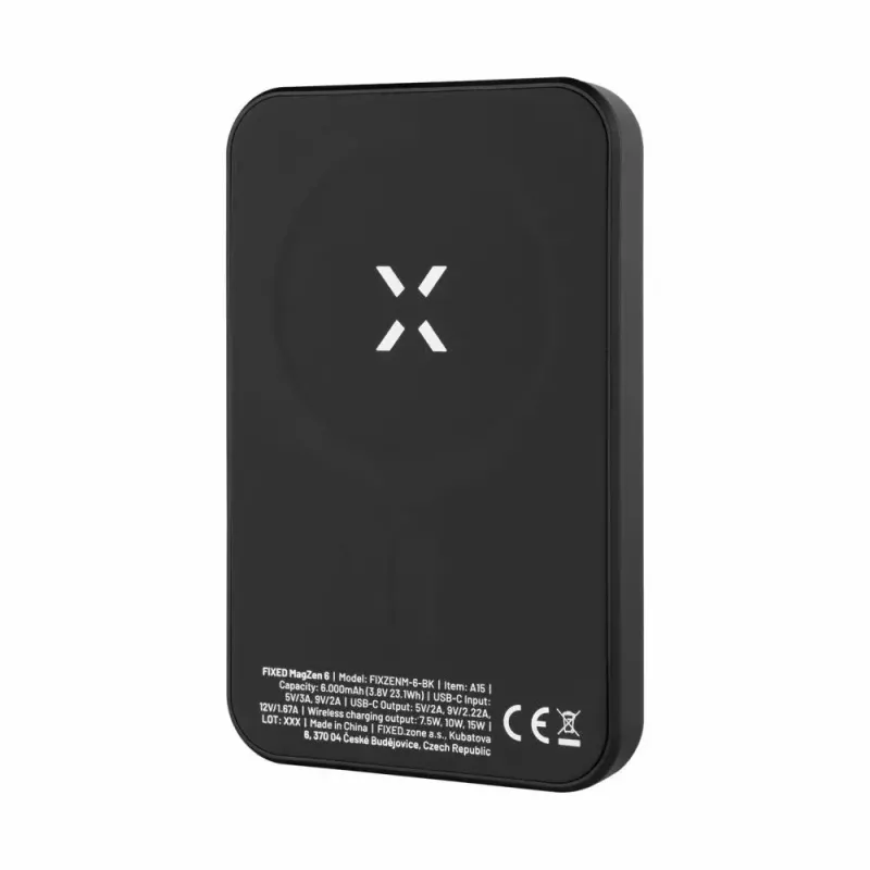 Powerbank portátil FIXED MagZen 6000 mAh – preto, saída USB para smartphones e tablets