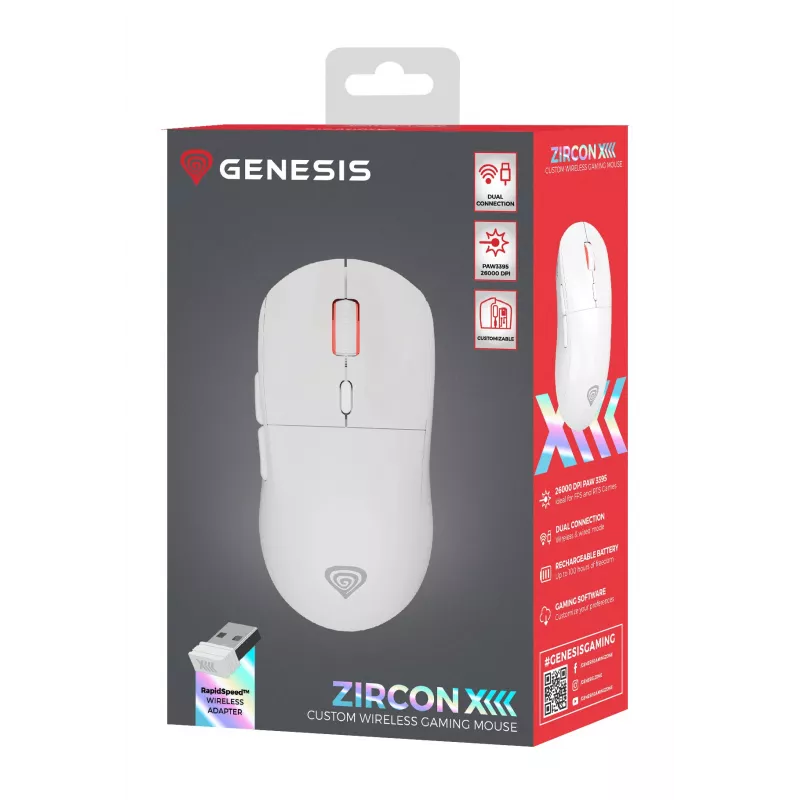 Rato gaming GENESIS Zircon XIII ambidestro RF sem fios + USB Type-C ótico 26000 DPI
