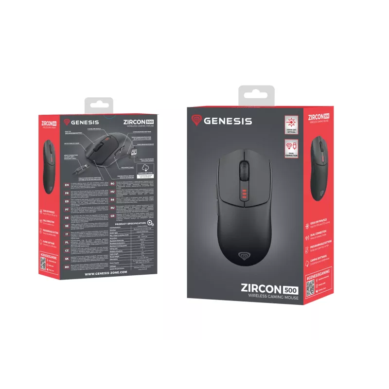 Rato gaming GENESIS Zircon 500 para destros RF sem fios + Bluetooth + USB Type-C ótico 10000 DPI