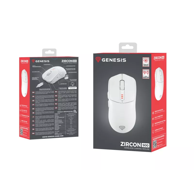 Rato gaming GENESIS Zircon 500 para destros RF sem fios + Bluetooth + USB Type-C ótico 10000 DPI