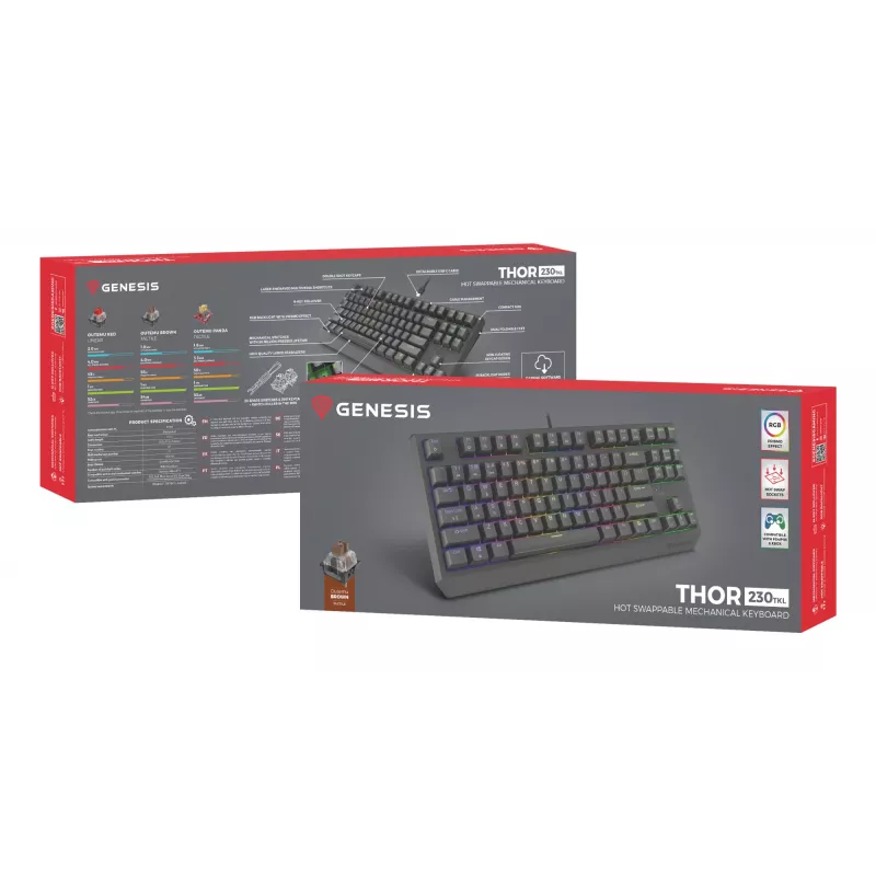 Teclado gaming mecânico Genesis Thor 230 TKL — tenkeyless, US QWERTY, switches Outemu Brown, RGB, 1000 Hz, USB
