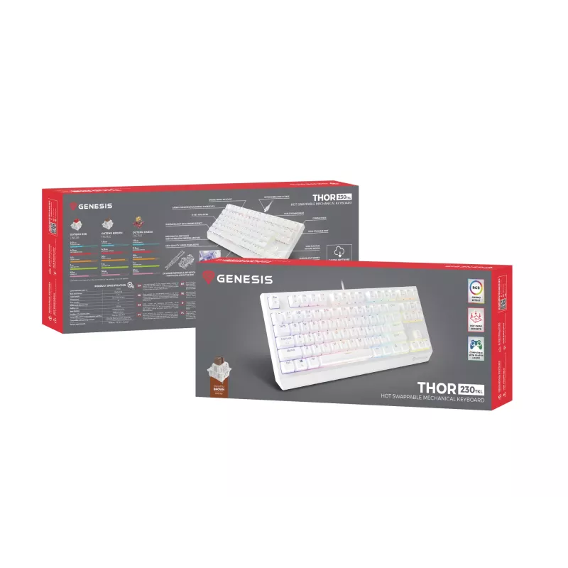 Genesis Thor 230 TKL teclado mecânico gaming com fios, US, branco, Outemu Brown