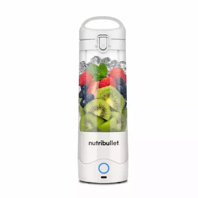 Batedeira desportiva NUTRIBULLET Portable 0,475 l branco com recipiente Tritan e lâminas de aço inoxidável, a pilhas