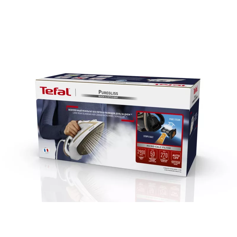 Ferro de engomar a seco e a vapor Tefal Puregliss FV8042 com base Durilium AirGlide Autoclean, 3000 W, bronze, branco