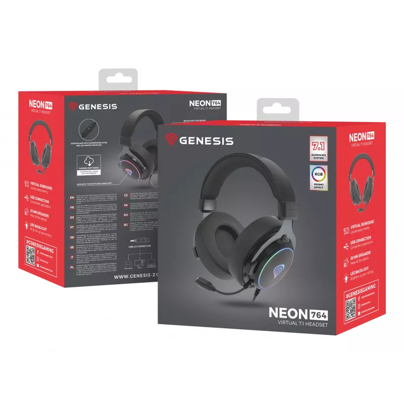 Headset GENESIS Neon 764 com fios gaming com arco de cabeça USB Type-A preto