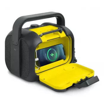 Rádio de obra Muse M-968 BTY — FM analógico, 40 W RMS, Bluetooth 10 m, resistente ao pó/choques, preto/amarelo