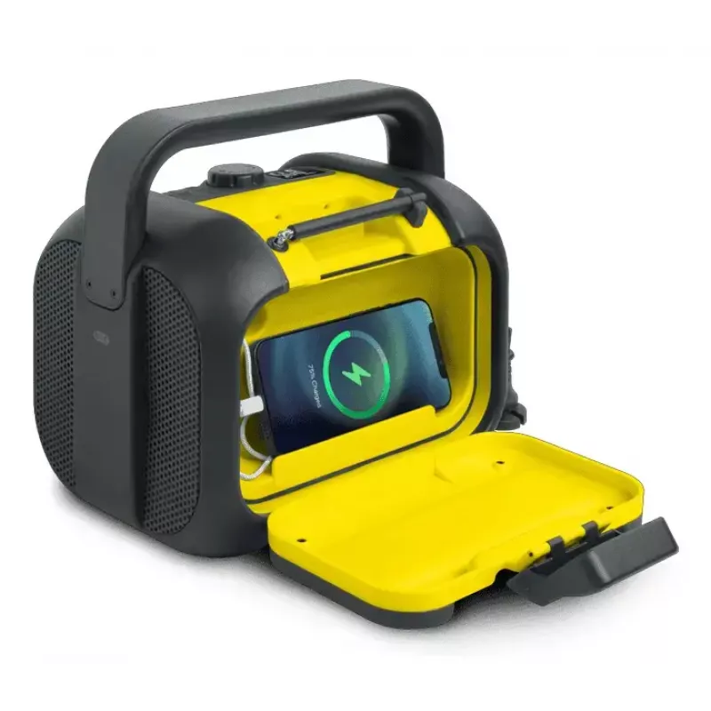 Rádio de obra Muse M-968 BTY — FM analógico, 40 W RMS, Bluetooth 10 m, resistente ao pó/choques, preto/amarelo