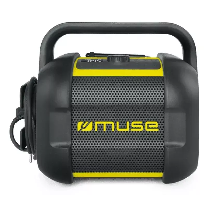 Rádio de obra Muse M-968 BTY — FM analógico, 40 W RMS, Bluetooth 10 m, resistente ao pó/choques, preto/amarelo