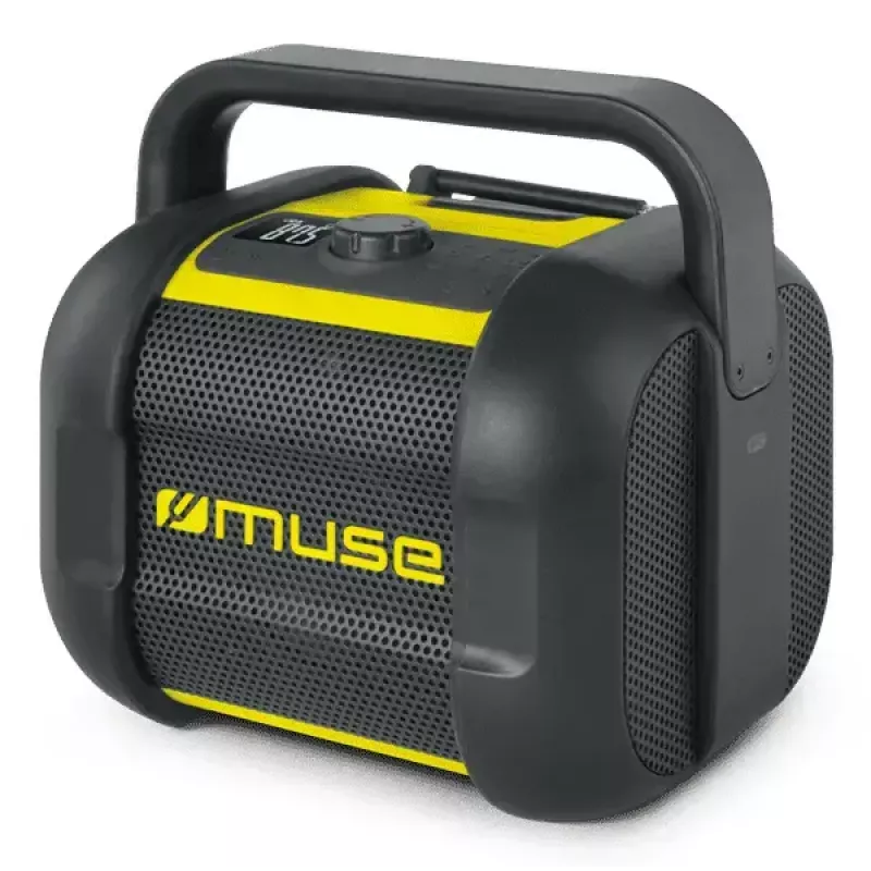 Rádio de obra Muse M-968 BTY — FM analógico, 40 W RMS, Bluetooth 10 m, resistente ao pó/choques, preto/amarelo