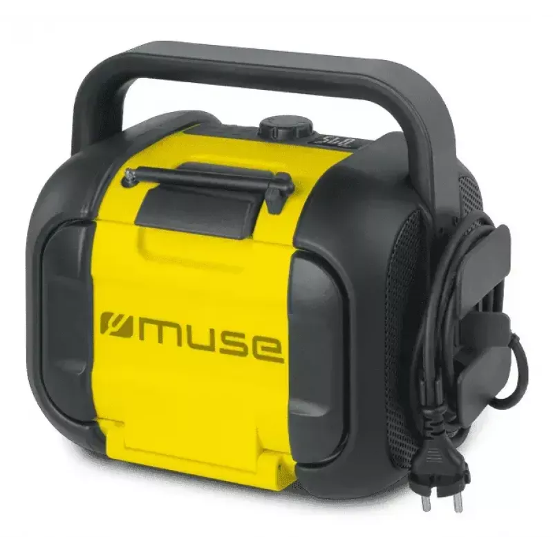 Rádio de obra Muse M-968 BTY — FM analógico, 40 W RMS, Bluetooth 10 m, resistente ao pó/choques, preto/amarelo