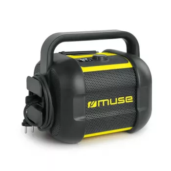 Rádio de obra Muse M-968 BTY — FM analógico, 40 W RMS, Bluetooth 10 m, resistente ao pó/choques, preto/amarelo