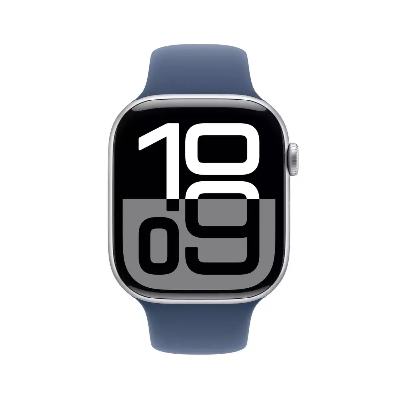 Smartwatch Apple Watch Series 10 GPS 46mm caixa de alumínio prateado com pulseira desportiva Denim – M/L