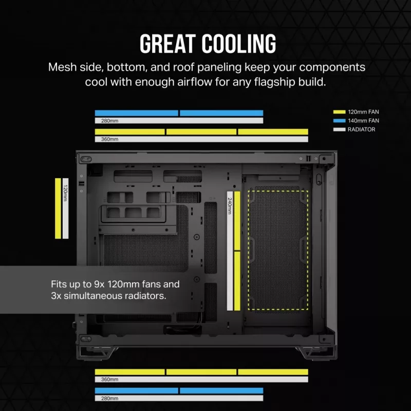 Caixa de PC CORSAIR 2500D AIRFLOW Midi Tower preto — ATX/Micro ATX, suporte para radiador frontal de 280 mm, USB-A x2, USB-C x1