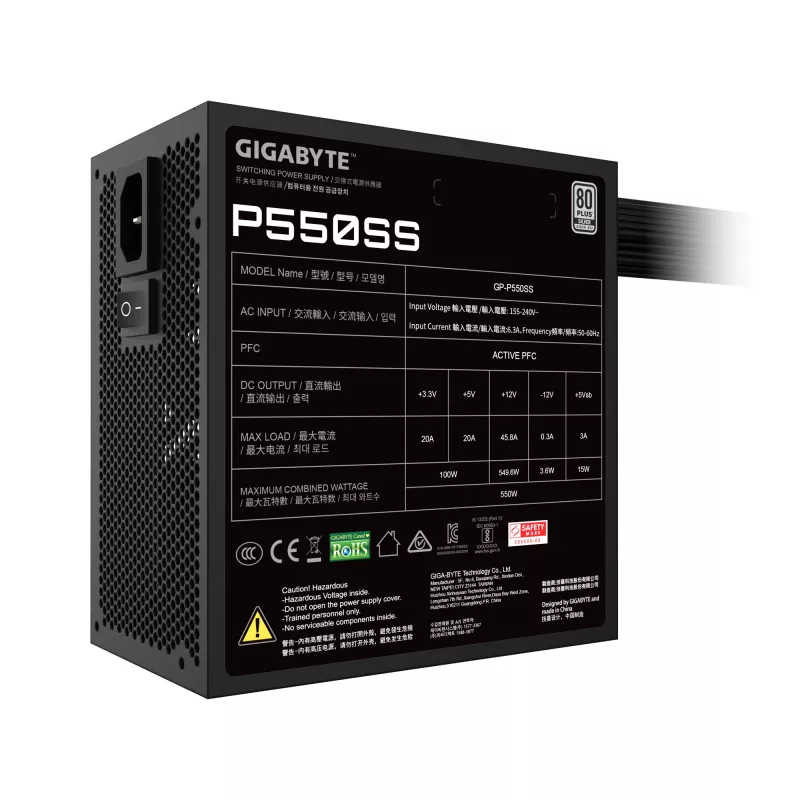 Fonte de alimentação GIGABYTE P550SS - PCIe 5.0, 80 PLUS Silver, ventoinha 120mm, compatível com ATX 3.0, ficha EU