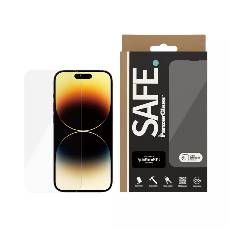 Película protetora de ecrã PanzerGlass SAFE. by ® para Apple iPhone 14 Pro Ultra-Wide Fit, resistente a riscos e choques