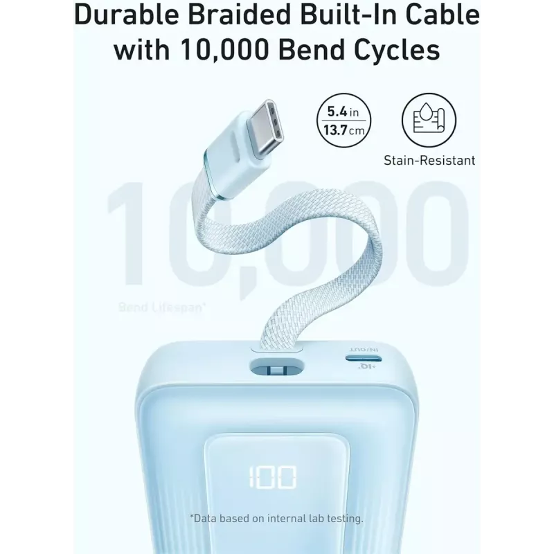 Bateria portátil Anker Zolo 10000mAh, carregamento ultrarrápido 30W, cabo USB-C integrado, preto