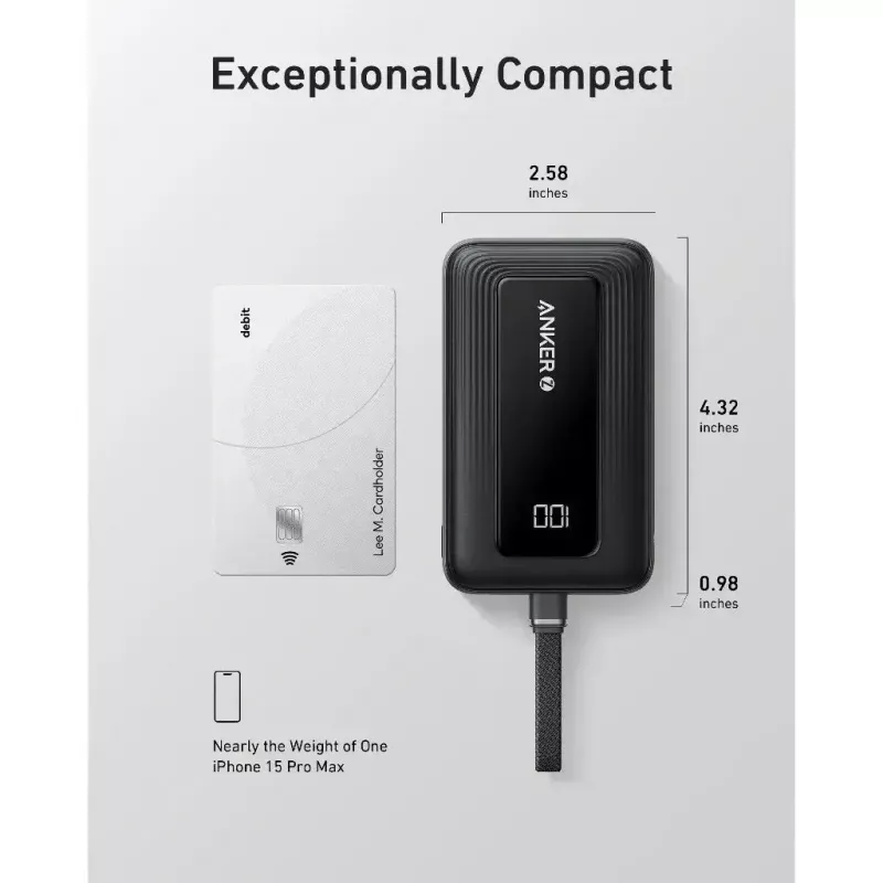 Bateria portátil Anker Zolo 10000mAh, carregamento ultrarrápido 30W, cabo USB-C integrado, preto