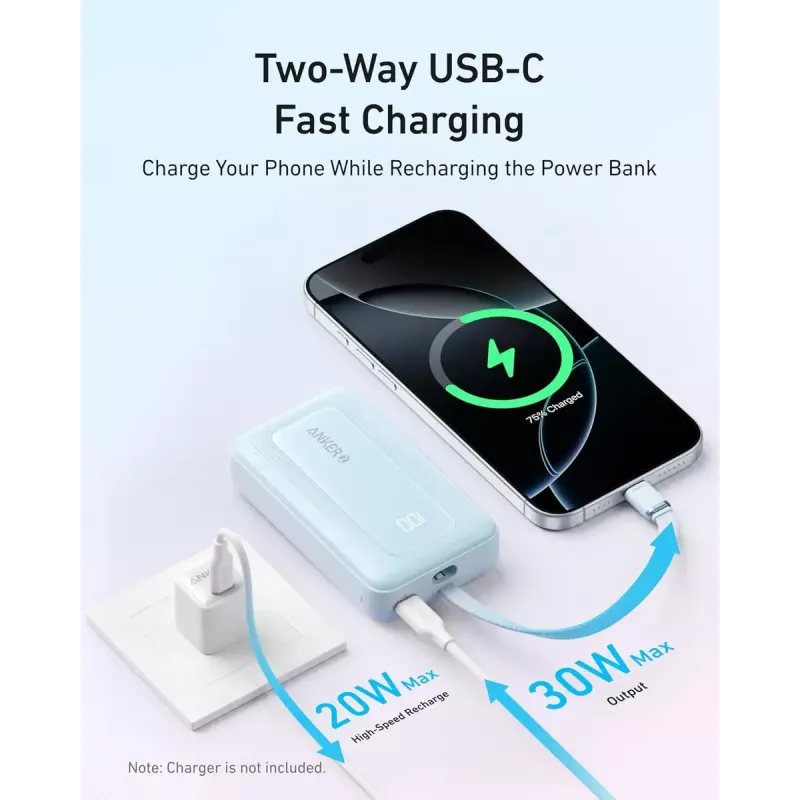 Bateria portátil Anker Zolo 10000mAh, carregamento ultrarrápido 30W, cabo USB-C integrado, preto