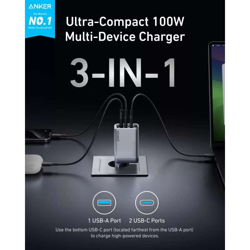 Carregador de dispositivos móveis Anker A2688341 universal preto AC interior 110–240 V 1 USB 2.0 2 USB-C