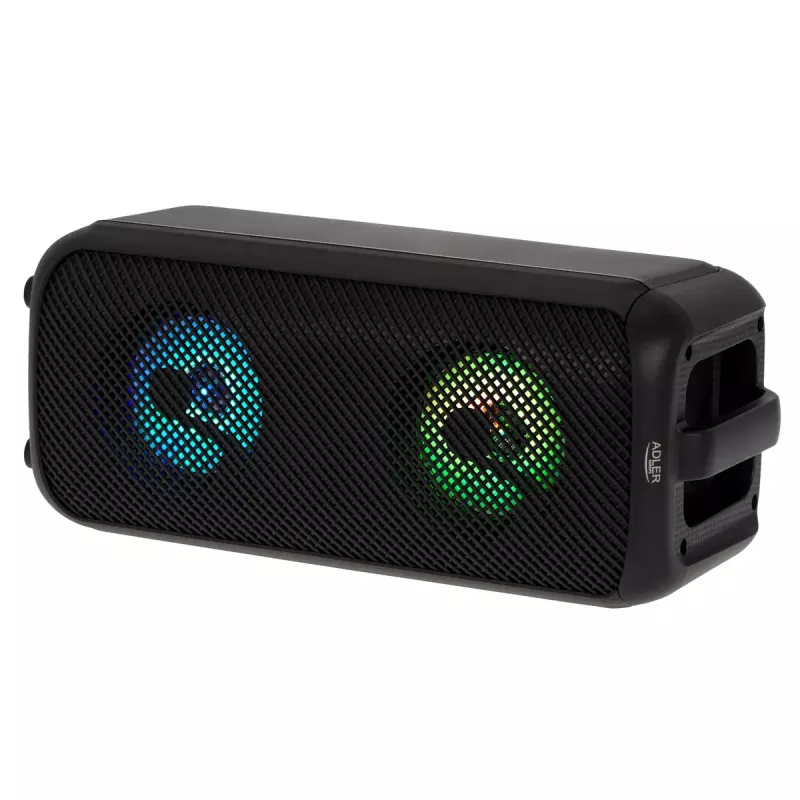 Altifalante portátil Adler AD 1903, 2×5 W, Bluetooth, rádio FM, LED, bateria 1500 mAh, AUX, USB, preto