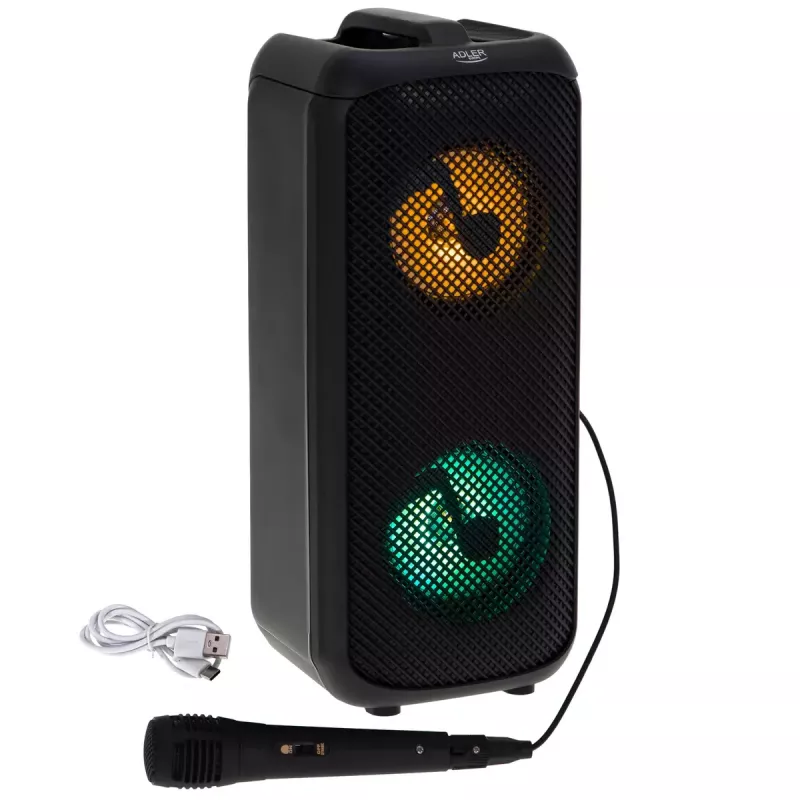Altifalante portátil Adler AD 1903, 2×5 W, Bluetooth, rádio FM, LED, bateria 1500 mAh, AUX, USB, preto