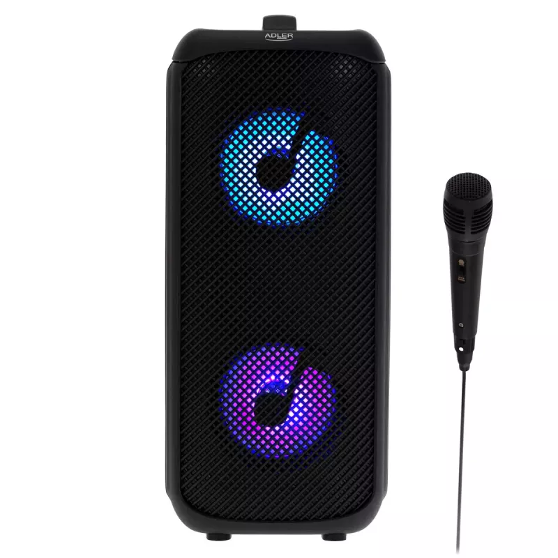 Altifalante portátil Adler AD 1903, 2×5 W, Bluetooth, rádio FM, LED, bateria 1500 mAh, AUX, USB, preto