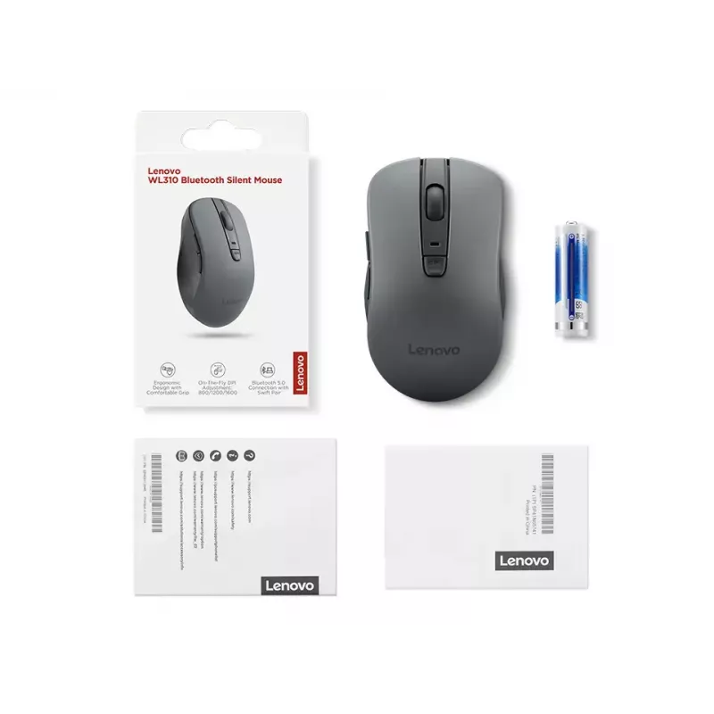 Rato sem fios ambidestro Lenovo WL310 Office – Bluetooth, ótico 1200 DPI, 6 botões, roda, cinzento, a pilhas