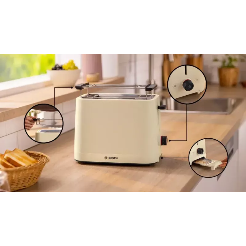 Torradeira Bosch Compact TAT3M127 – 2 ranhuras bege corpo em plástico, design compacto