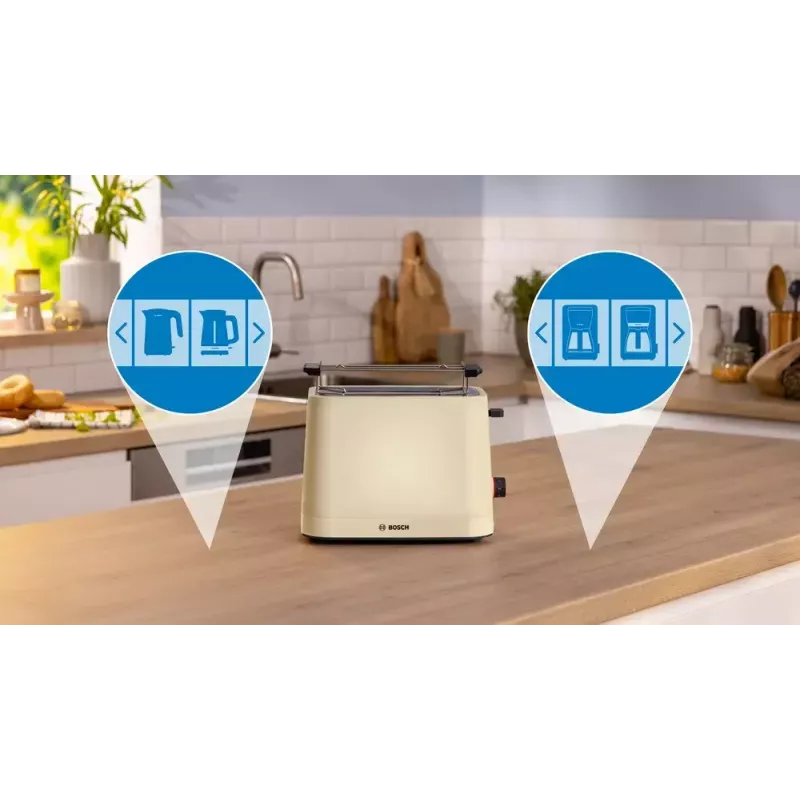 Torradeira Bosch Compact TAT3M127 – 2 ranhuras bege corpo em plástico, design compacto