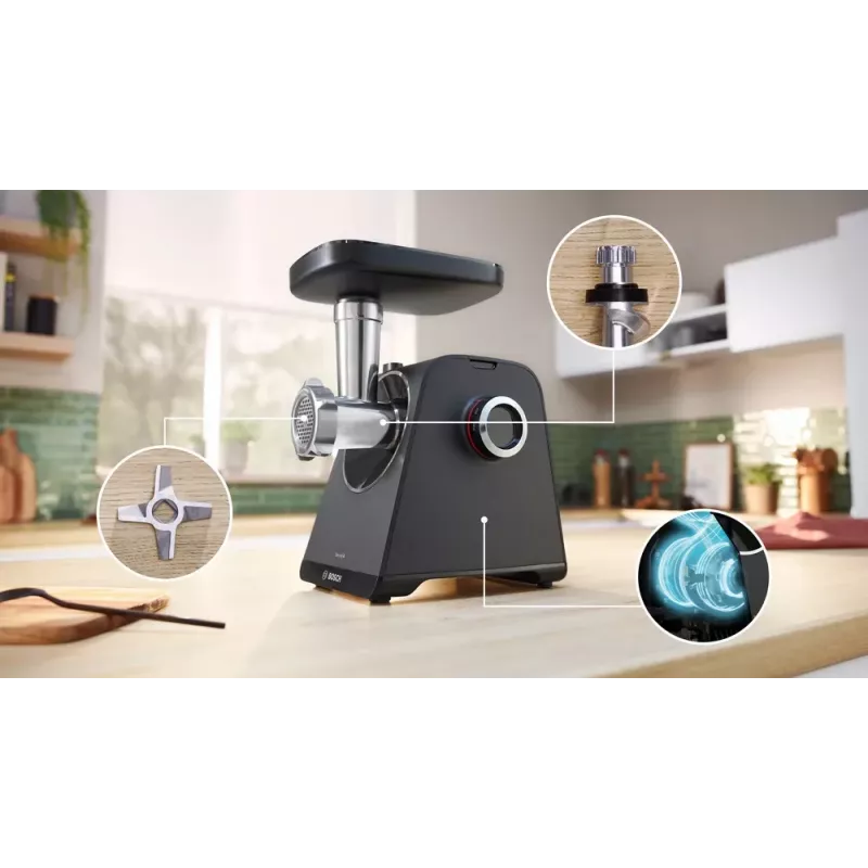 Picadora de carne Bosch MFWS430B — 1900 W, 2 velocidades, 2,5 kg/min, preto/prateado, 4,3 kg