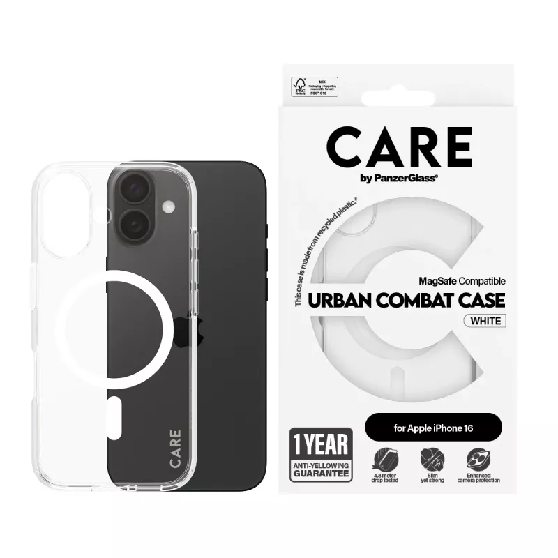 Capa PanzerGlass CARE™ by ® Urban Combat Transparente c. MagSafe Branco iPhone 16