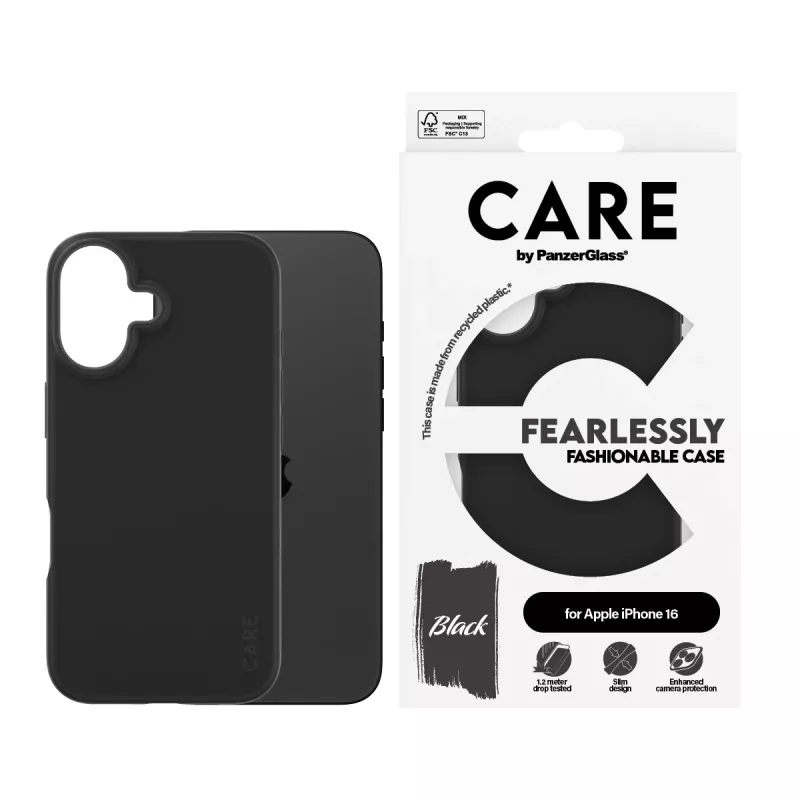 Capa PanzerGlass CARE by capa elegante preta iPhone 16 transparente