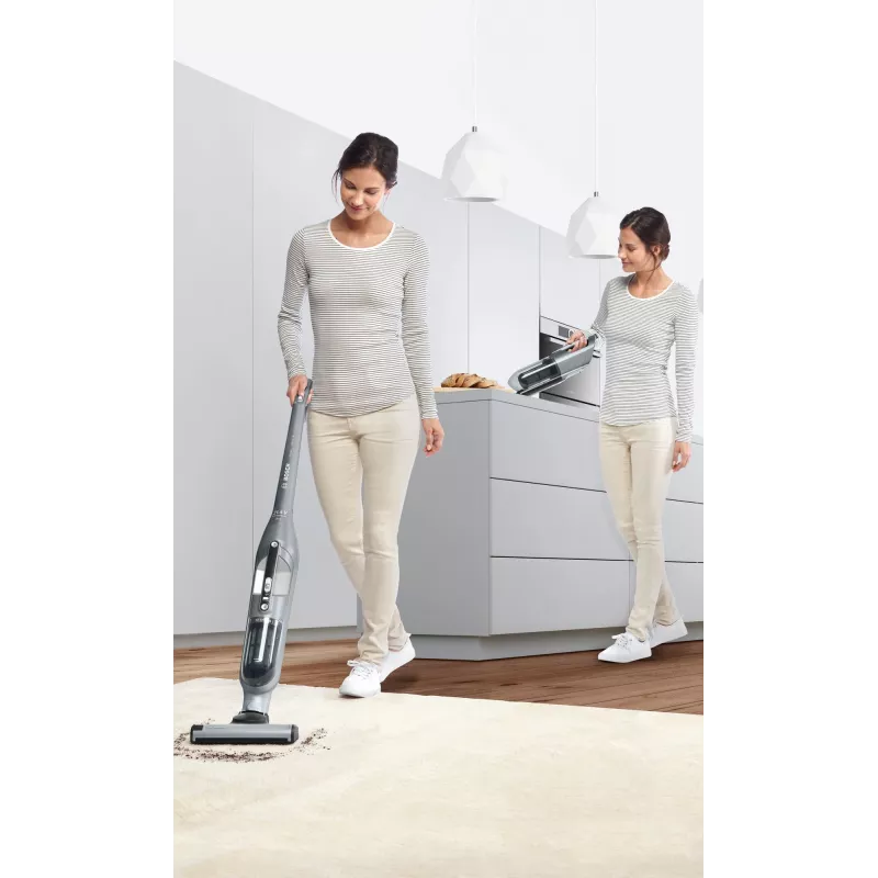 Aspirador vertical Bosch BCH3P210 2-em-1, limpeza a seco, depósito de pó 0,4 L, sem fios + funcionamento com cabo, cinzento/preto, 3 kg