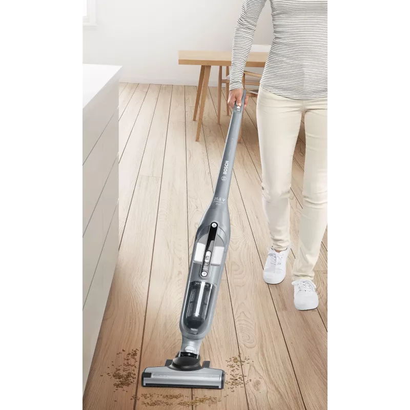 Aspirador vertical Bosch BCH3P210 2-em-1, limpeza a seco, depósito de pó 0,4 L, sem fios + funcionamento com cabo, cinzento/preto, 3 kg