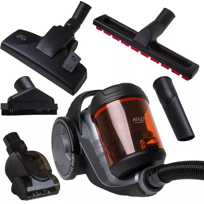 Aspirador sem saco Adler AD 7065 — 700 W, depósito de pó 1,6 L, HEPA, raio de 9 m, preto/vermelho