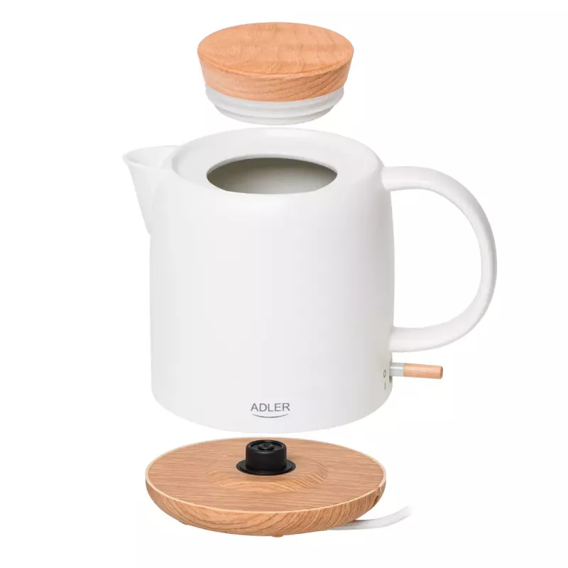 Chaleira elétrica Adler AD 1304 — 1 L, 1200 W, corpo em cerâmica, tampa articulada, base rotativa 360°, branca