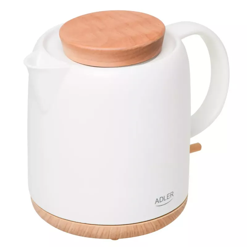 Chaleira elétrica Adler AD 1304 — 1 L, 1200 W, corpo em cerâmica, tampa articulada, base rotativa 360°, branca