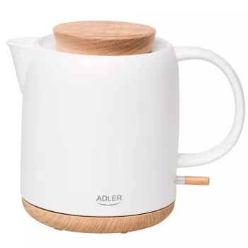 Chaleira elétrica Adler AD 1304 — 1 L, 1200 W, corpo em cerâmica, tampa articulada, base rotativa 360°, branca