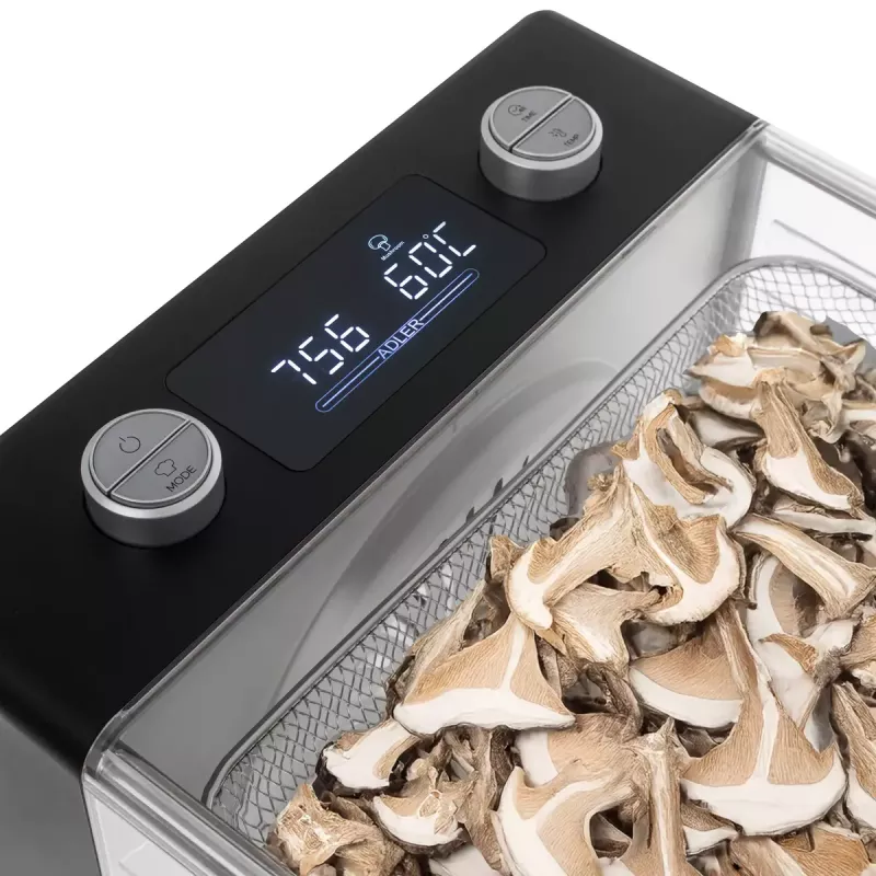 Desidratador de alimentos Adler AD 6660, 600 W, 6 tabuleiros, termostato ajustável, aço, design dobrável