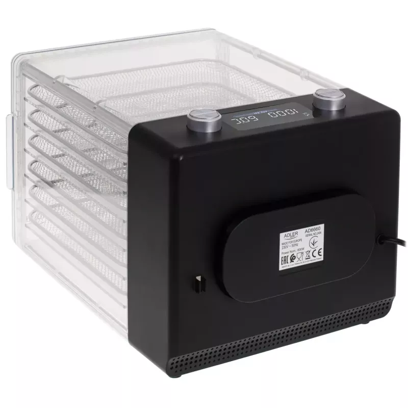 Desidratador de alimentos Adler AD 6660, 600 W, 6 tabuleiros, termostato ajustável, aço, design dobrável