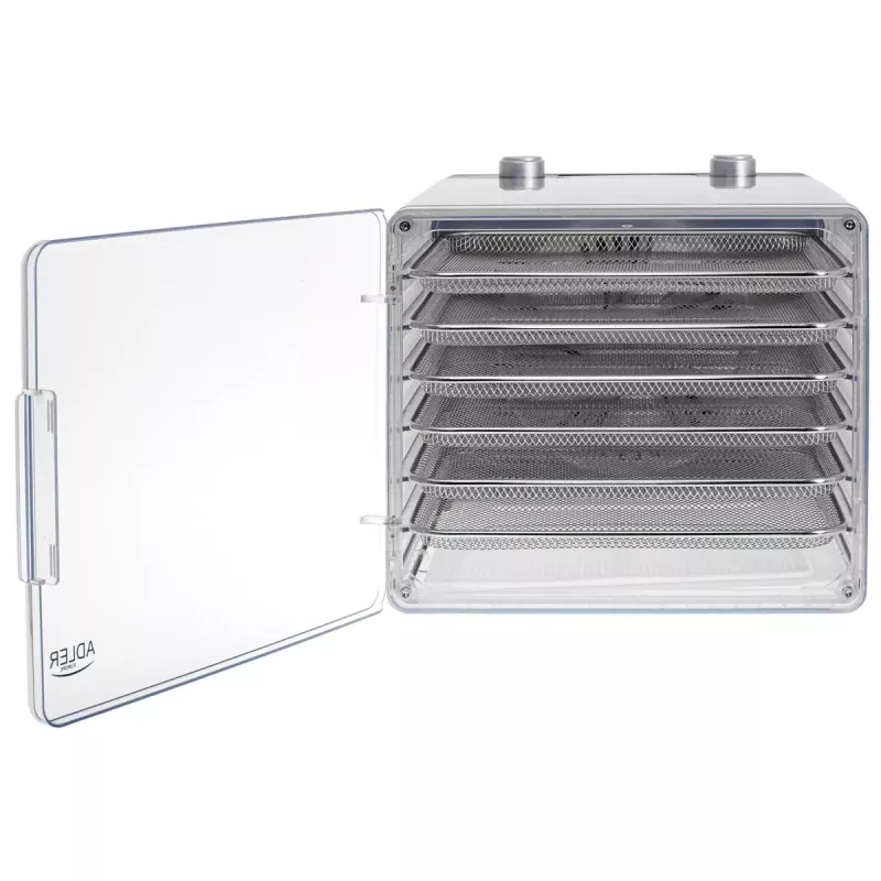 Desidratador de alimentos Adler AD 6660, 600 W, 6 tabuleiros, termostato ajustável, aço, design dobrável