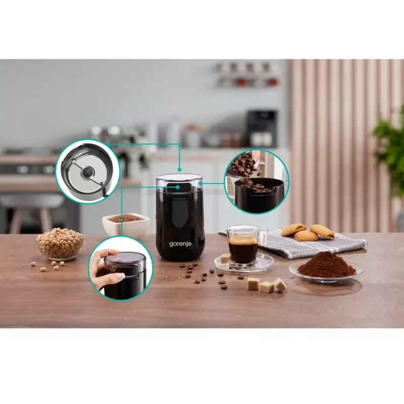 Moinho de café Gorenje SMK150SB — motor de 150 W, capacidade de grãos 45 g, lâminas de aço inoxidável, preto